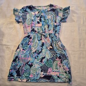 Lilly Pulitzer Girl Stasia Dress Looking Sharp Blue Pink Bow Fit Flare XL 12-14